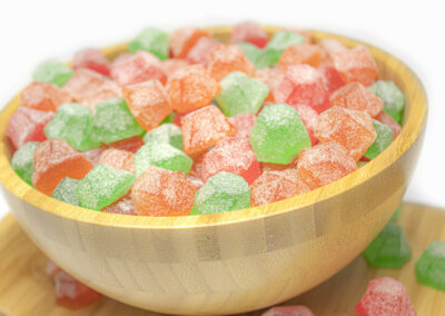 Large bamboo bowl with fake display sugar coated helix gummies