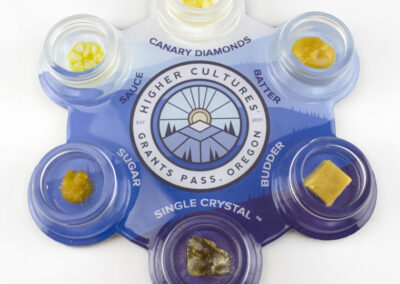 Custom stainless steel shape display with colorful vinyl wrap, coated with resin and contains 6 fake concentrate hash replicas. Fake canary diamonds, fake batter, fake budder, fake single crystal, fake sugar, fake sauce.