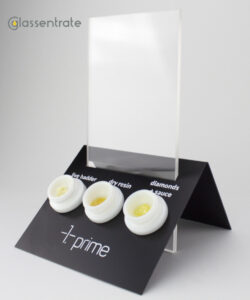 Custom folded black steel display with logo and plexiglass sign display holder. Three fake concentrate hash types: fake live badder, fake dry resin, fake diamonds and sauce